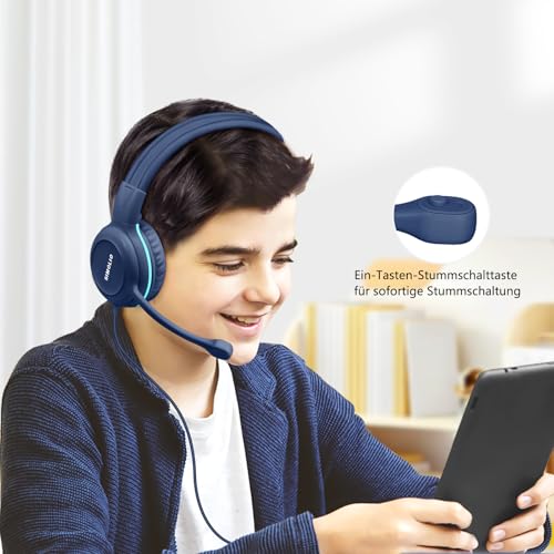 SIMOLIO Kopfhörer Kinder mit Mikrofon, On-Ear-Kinder Kopfhörer mit Mikrofon für Schüler, Gaming Kopfhörer mit Mikrofon, Audio-Sharing, Blau Bild 3