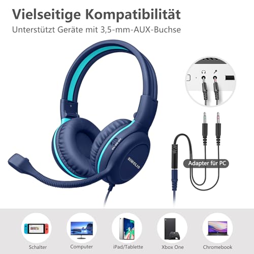 SIMOLIO Kopfhörer Kinder mit Mikrofon, On-Ear-Kinder Kopfhörer mit Mikrofon für Schüler, Gaming Kopfhörer mit Mikrofon, Audio-Sharing, Blau Bild 6