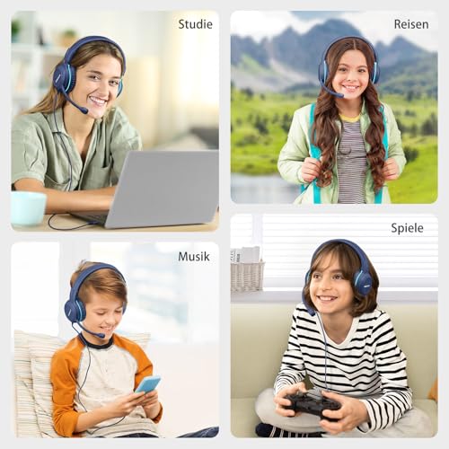 SIMOLIO Kopfhörer Kinder mit Mikrofon, On-Ear-Kinder Kopfhörer mit Mikrofon für Schüler, Gaming Kopfhörer mit Mikrofon, Audio-Sharing, Blau Bild 7
