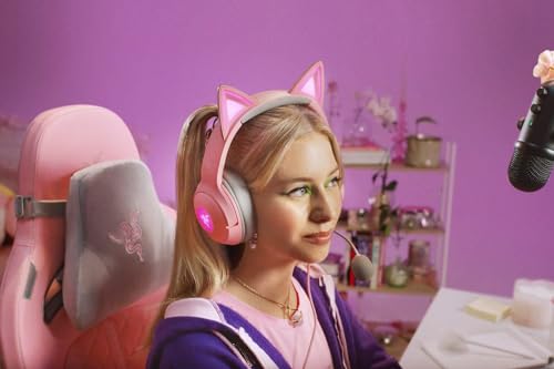 Razer Kraken V2 Kitty USB-kabelgebundenes RGB-Headset: Chroma Ears – Stream reaktive Beleuchtung – HyperClear Mikrofon – 40 mm Triforce-Treiber – 7.1 Surround-Sound – Quarz-Rosa (erneuert) Bild 5