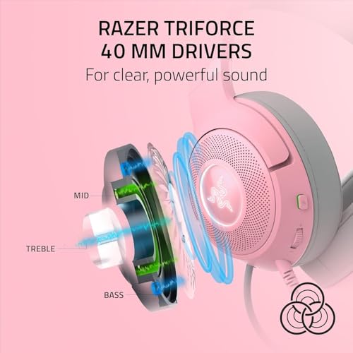 Razer Kraken V2 Kitty USB-kabelgebundenes RGB-Headset: Chroma Ears – Stream reaktive Beleuchtung – HyperClear Mikrofon – 40 mm Triforce-Treiber – 7.1 Surround-Sound – Quarz-Rosa (erneuert) Bild 7