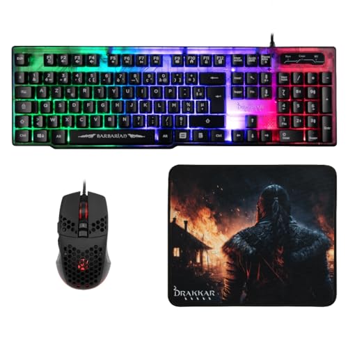 Konix Drakkar Barbarian Gaming-Zubehörpaket für PC - AZERTY-Tastatur mit LED-Hintergrundbeleuchtung - Kabelgebundene Maus 102 g - Viking-Mauspad Bild 1