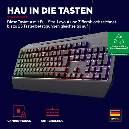 Trust Gaming GXT 836 Evocx Gaming Tastatur mit Deutsches QWERTZ Layout, 78% Recyclingkunststoff, RGB-Beleuchtung, Anti-Ghosting, Medientasten, Gaming Keyboard USB für PC/Laptop - Schwarz Bild 2