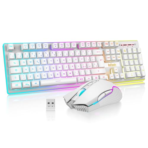 RedThunder K10 Kabellose Gaming-Tastatur und -Maus, LED-Hintergrundbeleuchtung, wiederaufladbarer Akku mit 3800 mAh, mechanisches Gefühl, Anti-Ghosting + 7D 3200 DPI-Maus, IT-Layout, PC-Spieler, weiß Bild 1