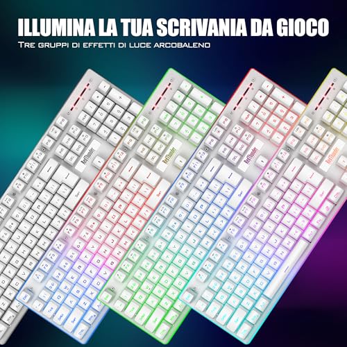RedThunder K10 Kabellose Gaming-Tastatur und -Maus, LED-Hintergrundbeleuchtung, wiederaufladbarer Akku mit 3800 mAh, mechanisches Gefühl, Anti-Ghosting + 7D 3200 DPI-Maus, IT-Layout, PC-Spieler, weiß Bild 2