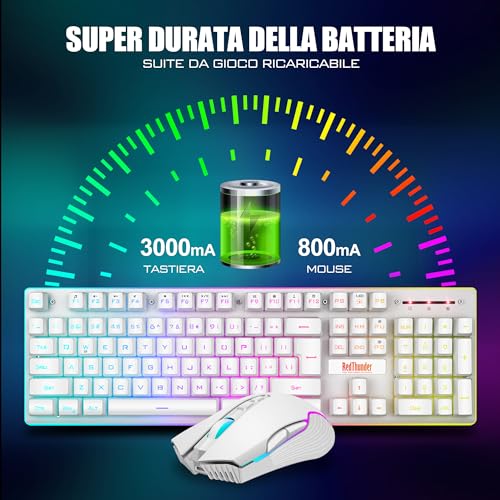 RedThunder K10 Kabellose Gaming-Tastatur und -Maus, LED-Hintergrundbeleuchtung, wiederaufladbarer Akku mit 3800 mAh, mechanisches Gefühl, Anti-Ghosting + 7D 3200 DPI-Maus, IT-Layout, PC-Spieler, weiß Bild 3