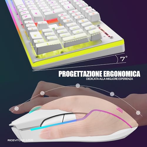 RedThunder K10 Kabellose Gaming-Tastatur und -Maus, LED-Hintergrundbeleuchtung, wiederaufladbarer Akku mit 3800 mAh, mechanisches Gefühl, Anti-Ghosting + 7D 3200 DPI-Maus, IT-Layout, PC-Spieler, weiß Bild 6