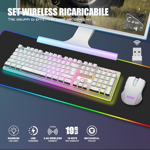 RedThunder K10 Kabellose Gaming-Tastatur und -Maus, LED-Hintergrundbeleuchtung, wiederaufladbarer Akku mit 3800 mAh, mechanisches Gefühl, Anti-Ghosting + 7D 3200 DPI-Maus, IT-Layout, PC-Spieler, weiß Bild 7