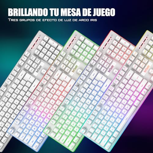 RedThunder K10 Kabellose Gaming-Tastatur, RGB-Hintergrundbeleuchtung, wiederaufladbarer Akku mit 3800 mAh, Anti-Ghosting + 7D-Maus, 3200 DPI, ES-Layout, für PC/PS5/Xbox-Weiß Bild 2