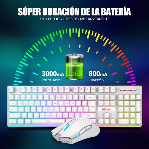 RedThunder K10 Kabellose Gaming-Tastatur, RGB-Hintergrundbeleuchtung, wiederaufladbarer Akku mit 3800 mAh, Anti-Ghosting + 7D-Maus, 3200 DPI, ES-Layout, für PC/PS5/Xbox-Weiß Bild 3