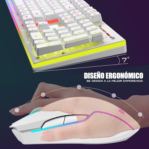 RedThunder K10 Kabellose Gaming-Tastatur, RGB-Hintergrundbeleuchtung, wiederaufladbarer Akku mit 3800 mAh, Anti-Ghosting + 7D-Maus, 3200 DPI, ES-Layout, für PC/PS5/Xbox-Weiß Bild 6