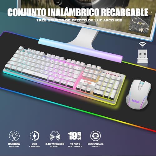 RedThunder K10 Kabellose Gaming-Tastatur, RGB-Hintergrundbeleuchtung, wiederaufladbarer Akku mit 3800 mAh, Anti-Ghosting + 7D-Maus, 3200 DPI, ES-Layout, für PC/PS5/Xbox-Weiß Bild 7