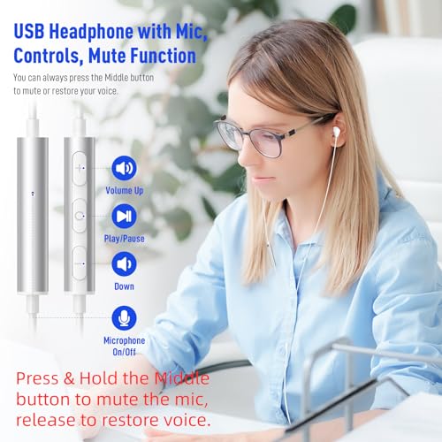 USB-Kopfhörer für PC, Laptop, Mignetisch, kabelgebunden, Computer-Kopfhörer mit Mikrofon-Steuerung, Stummschaltung, leicht, Geräuschunterdrückung, In-Ear-Gaming-Headset für MacBook Pro, Büro, Arbeit, Bild 2