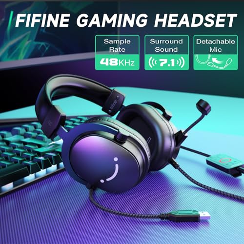 FIFINE Gaming Headset mit Mikrofon, Over Ear Kopfhörer mit Kabel, USB Headset für PC PS4 PS5 Xbox Switch, RGB Headphone mit 7.1 Surround Sound und Ohrpolster Bild 3