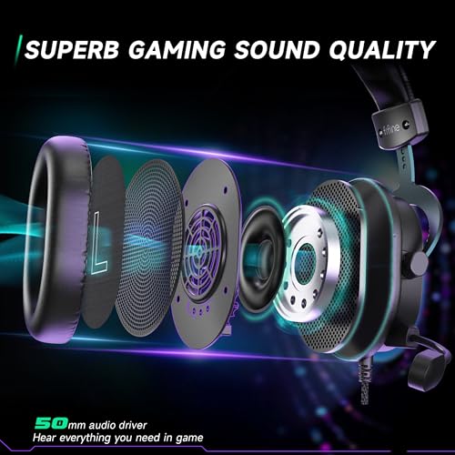 FIFINE Gaming Headset mit Mikrofon, Over Ear Kopfhörer mit Kabel, USB Headset für PC PS4 PS5 Xbox Switch, RGB Headphone mit 7.1 Surround Sound und Ohrpolster Bild 6