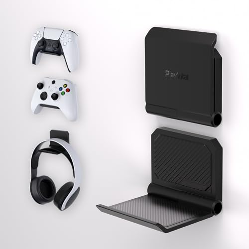 PlayVital FOLD Wandhalterung Controller Halter für PS5/4,Faltbarer Wandständer für Xbox Series X/S,Switch Pro, Gaming Kopfhörer Ständer für Xbox Wireless Headset, für Pulse 3D Headset-Schwarz(2 Stück) Bild 1