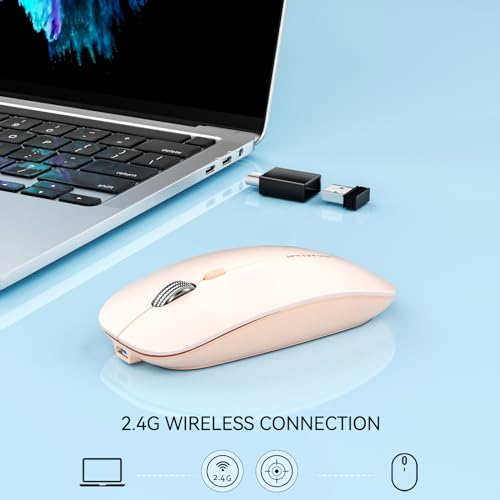 Uiosmuph Q5 Kabellos Maus, Wiederaufladbar Funkmaus 2.4G Leise Funkmaus Ultra Dünn Wireless Computermaus 1600 DPI Mit Mäuse mit USB-Empfänger Typ-C für Laptop, PC, MacBook (Rose) Bild 2