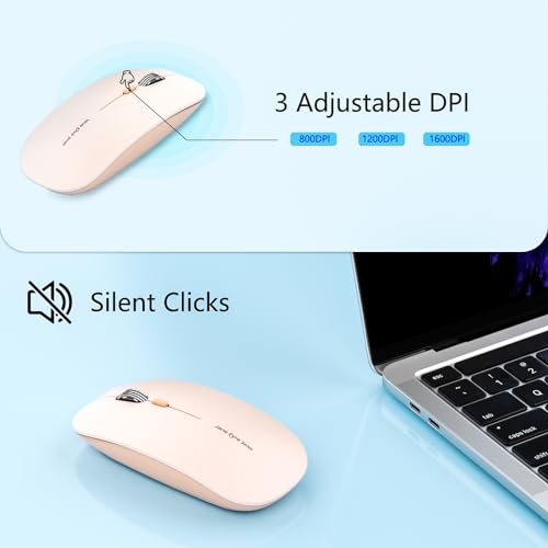 Uiosmuph Q5 Kabellos Maus, Wiederaufladbar Funkmaus 2.4G Leise Funkmaus Ultra Dünn Wireless Computermaus 1600 DPI Mit Mäuse mit USB-Empfänger Typ-C für Laptop, PC, MacBook (Rose) Bild 3
