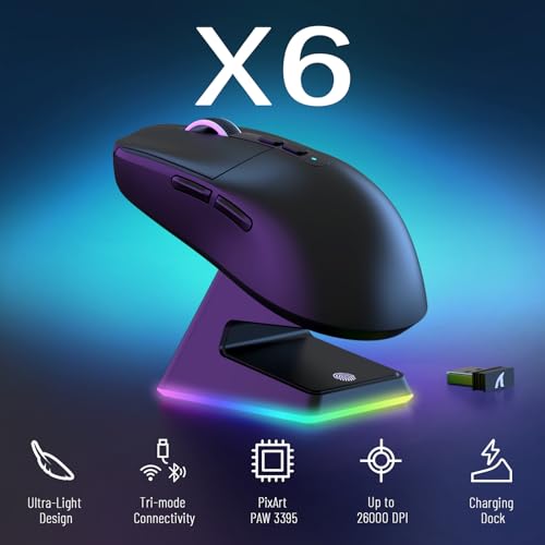 VGN Game Power Attack Shark X6 Superlight Kabellose Gaming-Maus mit RGB Ladestation, 49g Ultraleicht Mouse, 26000DPI, PixArt PAW3395, 2.4G/BT/Kabelgebunden, Bis zu 200 Std.Akku, G502, PC/Mac, Schwarz Bild 2
