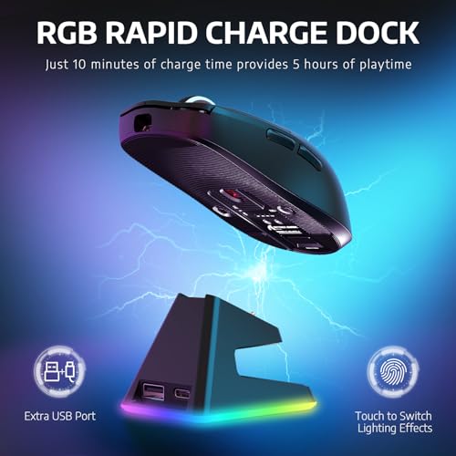 VGN Game Power Attack Shark X6 Superlight Kabellose Gaming-Maus mit RGB Ladestation, 49g Ultraleicht Mouse, 26000DPI, PixArt PAW3395, 2.4G/BT/Kabelgebunden, Bis zu 200 Std.Akku, G502, PC/Mac, Schwarz Bild 3