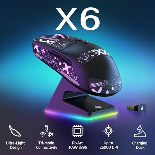 VGN Game Power Attack Shark X6 Superlight Kabellose Gaming-Maus mit RGB Ladestation, 49g Ultraleicht Mouse, PixArt PAW3395 Sensor, 26000DPI, 2.4G/BT/Kabelgebunden, Griptape-Set, G502, PC/Mac, Schwarz Bild 3