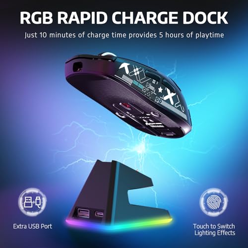 VGN Game Power Attack Shark X6 Superlight Kabellose Gaming-Maus mit RGB Ladestation, 49g Ultraleicht Mouse, PixArt PAW3395 Sensor, 26000DPI, 2.4G/BT/Kabelgebunden, Griptape-Set, G502, PC/Mac, Schwarz Bild 4