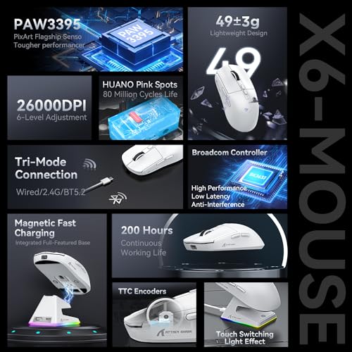 ATTACK SHARK X6 49g Superlight Maus mit magnetischer Ladestation, PixArt PAW3395 Gaming-Sensor, BT/2,4G kabellose/kabelgebundene Gaming-Maus, 26000 DPI, X3 verbesserte Office-Mäuse für Win11 (weiß) Bild 3