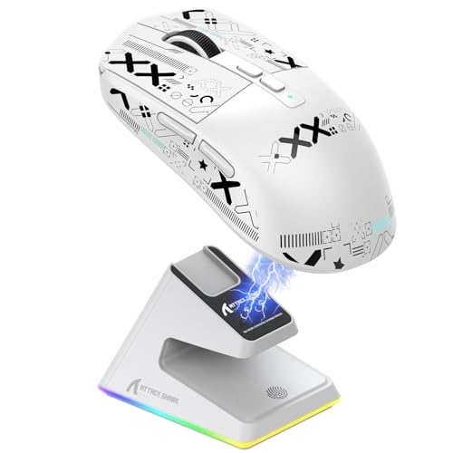 ATTACK SHARK X6 49g Superlight Maus mit magnetischer Ladestation, PixArt PAW3395 Gaming-Sensor, BT/2,4G kabellose/kabelgebundene Gaming-Maus mit Band, 26000 DPI, X3 Upgrade-Mäuse für Win11 (weiß) Bild 1