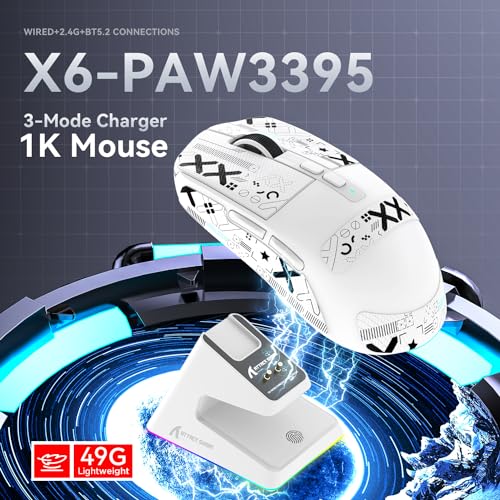ATTACK SHARK X6 49g Superlight Maus mit magnetischer Ladestation, PixArt PAW3395 Gaming-Sensor, BT/2,4G kabellose/kabelgebundene Gaming-Maus mit Band, 26000 DPI, X3 Upgrade-Mäuse für Win11 (weiß) Bild 2