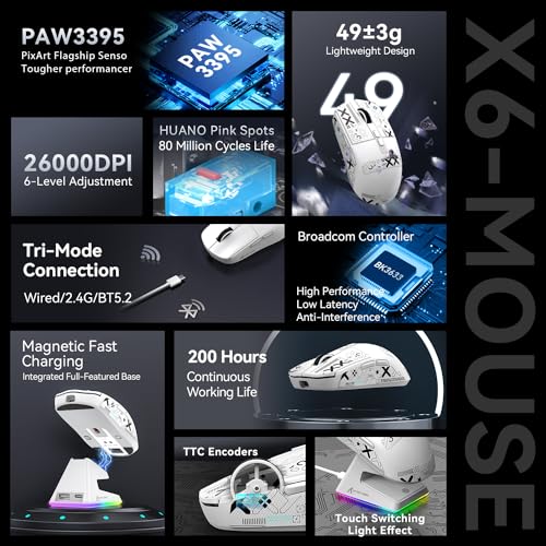 ATTACK SHARK X6 49g Superlight Maus mit magnetischer Ladestation, PixArt PAW3395 Gaming-Sensor, BT/2,4G kabellose/kabelgebundene Gaming-Maus mit Band, 26000 DPI, X3 Upgrade-Mäuse für Win11 (weiß) Bild 3