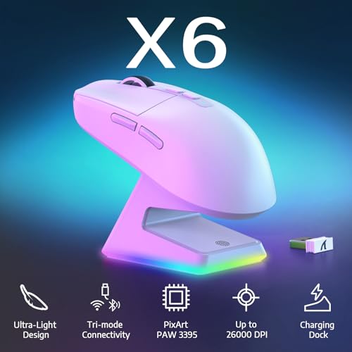 MANBASNAKE X6 49g Superlight Wireless Gaming Mouse with Magnetic RGB Charging Dock, Ultralight Mice PixArt PAW3395 Sensor, 26000DPI, BT/2.4G Wireless/Wired Mouse, 200Hrs Battery for Win/Mac Bild 2