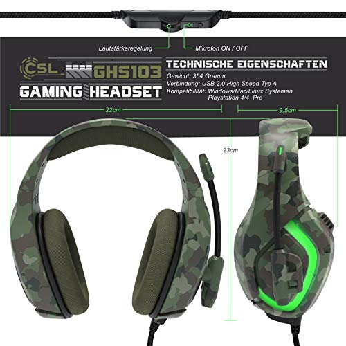 CSL - Gaming Headset kabelgebunden, Over-Ear Kopfhörer mit Mikrofon, Geräuschunterdrückung, Plug & Play, USB, für PC, Laptop, Spielekonsole, Camouflage Bild 2