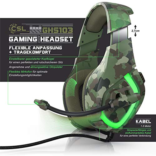 CSL - Gaming Headset kabelgebunden, Over-Ear Kopfhörer mit Mikrofon, Geräuschunterdrückung, Plug & Play, USB, für PC, Laptop, Spielekonsole, Camouflage Bild 3