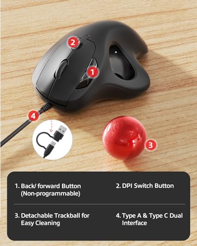 Nulea M509 Trackball Maus verdrahtet, Ergonomisches Design, Einfache Daumenkontrolle, Präzise und reibungslose Verfolgung, 2-in-1 Schnittstelle (Typ A &Typ C), Kompatibel für PC, Laptop, Mac, Windows Bild 6