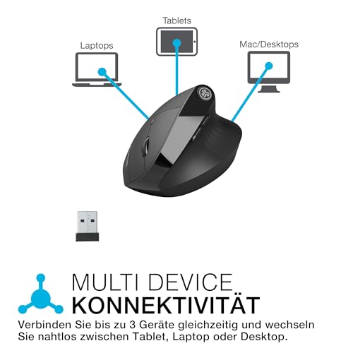 JLab JBuds Ergonomische Wireless Mouse, Verbindung über Bluetooth oder USB für mehrere Geräte, vertikale Maus kabellos, Silent Mouse, wiederaufladbare Funkmaus für Laptop, PC, Tablet, Windows/Mac Bild 3