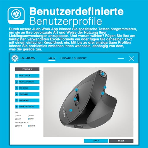 JLab JBuds Ergonomische Wireless Mouse, Verbindung über Bluetooth oder USB für mehrere Geräte, vertikale Maus kabellos, Silent Mouse, wiederaufladbare Funkmaus für Laptop, PC, Tablet, Windows/Mac Bild 7