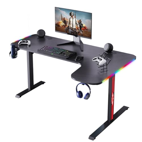 L-förmiger Schreibtisch mit LED-Lichtern, Gaming-Schreibtisch, Computertisch, kompakter Eckschreibtisch mit Headset-Haken und Getränkehalter, Kohlefaser-Oberfläche, stabiler PC-Schreibtisch für Bild 1