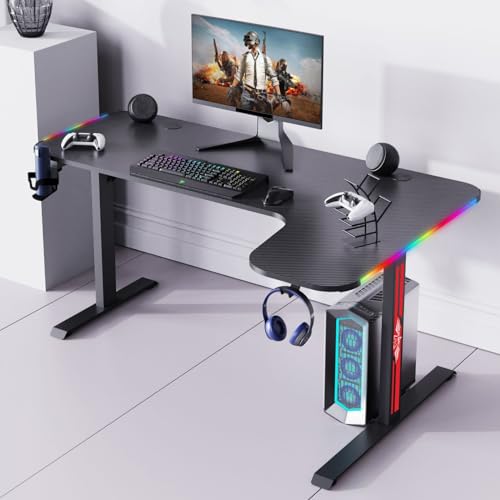 L-förmiger Schreibtisch mit LED-Lichtern, Gaming-Schreibtisch, Computertisch, kompakter Eckschreibtisch mit Headset-Haken und Getränkehalter, Kohlefaser-Oberfläche, stabiler PC-Schreibtisch für Bild 2