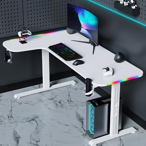 L-förmiger Schreibtisch mit LED-Lichtern, Gaming-Schreibtisch, Computertisch, kompakter Eckschreibtisch mit Headset-Haken und Getränkehalter, Kohlefaser-Oberfläche, stabiler PC-Schreibtisch für Bild 2