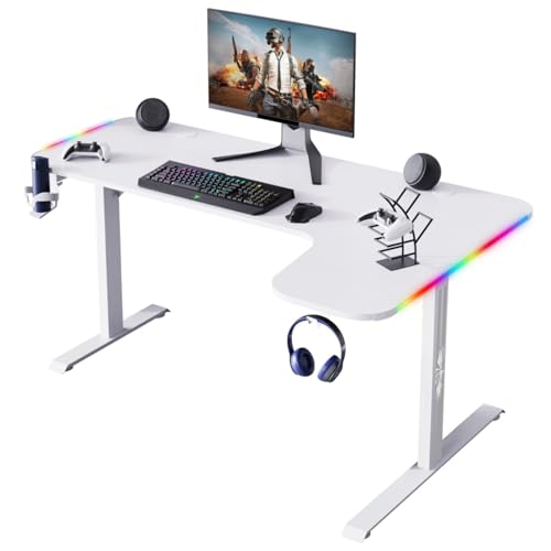 L-förmiger Schreibtisch mit LED-Lichtern, Gaming-Schreibtisch, Computertisch, kompakter Eckschreibtisch mit Headset-Haken und Getränkehalter, Kohlefaser-Oberfläche, stabiler PC-Schreibtisch für Bild 1
