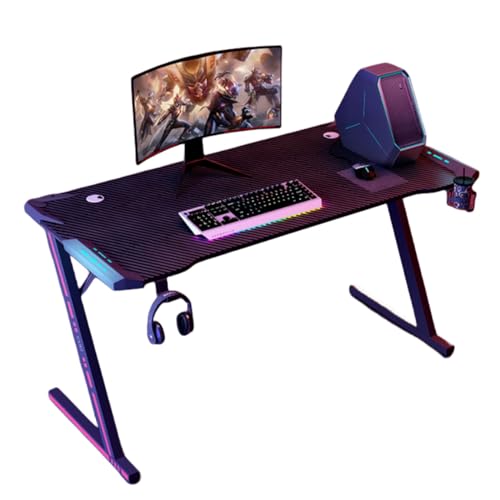 Gaming-Schreibtisch mit LED-Lichtern, Computertisch mit Headset-Haken und Getränkehalter, Z-förmiger Schreibtisch, kompakter Eckschreibtisch, stabiler PC-Schreibtisch, für Zuhause, Büro, Schlafzimmer, Bild 1