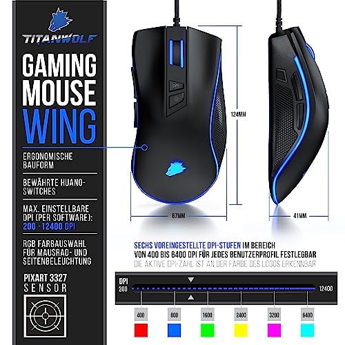 Titanwolf - Kabelgebundene Gaming-Maus mit Optischem Sensor mit 200 bis 12400 DPI, 8 programmierbare Tasten, Ergonomischer Formfaktor, 12 RGB Lichtmodi, Schwarz Bild 2