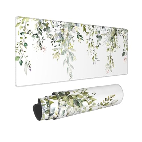 Mauspad mit Grasblättern, Grün, Aquarellpflanze, XL, erweiterte Matte, rutschfeste Gummiunterseite, genähte Kanten, Gaming-PC, Desktop, große Mäuse, 80 x 30 cm Bild 1