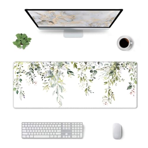 Mauspad mit Grasblättern, Grün, Aquarellpflanze, XL, erweiterte Matte, rutschfeste Gummiunterseite, genähte Kanten, Gaming-PC, Desktop, große Mäuse, 80 x 30 cm Bild 2