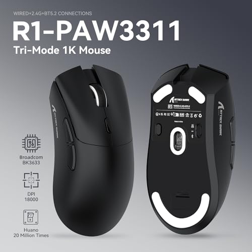ATTACK SHARK R1 59g Superlight Maus, PixArt PAW3311 Gaming-Sensor, BT/2,4G kabellose/kabelgebundene Gaming-Maus, 6 einstellbare DPI bis zu 18000, 65 Stunden Akku (schwarz) Bild 2