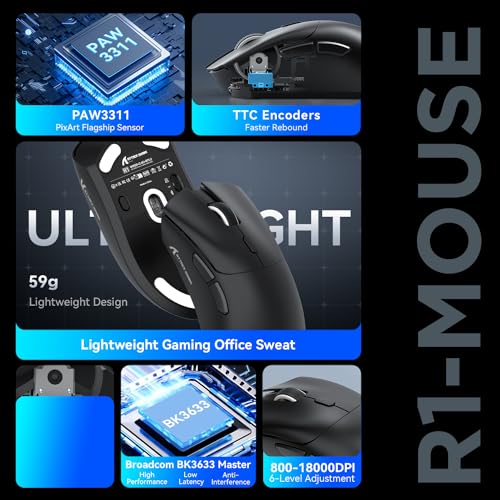 ATTACK SHARK R1 59g Superlight Maus, PixArt PAW3311 Gaming-Sensor, BT/2,4G kabellose/kabelgebundene Gaming-Maus, 6 einstellbare DPI bis zu 18000, 65 Stunden Akku (schwarz) Bild 3