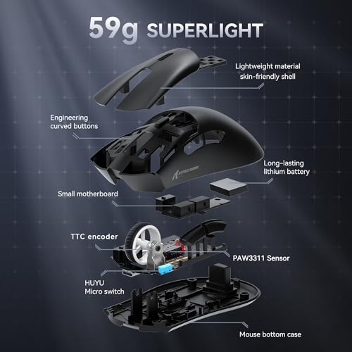 ATTACK SHARK R1 59g Superlight Maus, PixArt PAW3311 Gaming-Sensor, BT/2,4G kabellose/kabelgebundene Gaming-Maus, 6 einstellbare DPI bis zu 18000, 65 Stunden Akku (schwarz) Bild 5