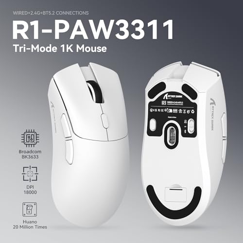 ATTACK SHARK R1 59g Superlight Maus, PixArt PAW3311 Gaming-Sensor, BT/2,4G kabellose/kabelgebundene Gaming-Maus, 6 einstellbare DPI bis zu 18000, 65 Stunden Akku (weiß) Bild 2