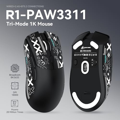 ATTACK SHARK R1 59g Superlight Maus mit Klebeband, PixArt PAW3311 Gaming-Sensor, BT/2,4G kabellose/kabelgebundene Gaming-Maus, 6 einstellbare DPI bis zu 18000, 65 Stunden Akku (schwarz) Bild 2