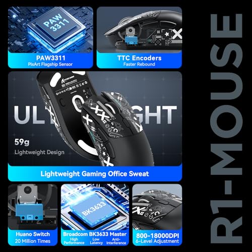 ATTACK SHARK R1 59g Superlight Maus mit Klebeband, PixArt PAW3311 Gaming-Sensor, BT/2,4G kabellose/kabelgebundene Gaming-Maus, 6 einstellbare DPI bis zu 18000, 65 Stunden Akku (schwarz) Bild 3